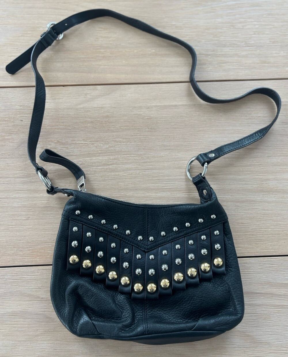B. Makowsky Black Leather Studded Fringe Crossbody Purse/Bag - Excellent Cond.